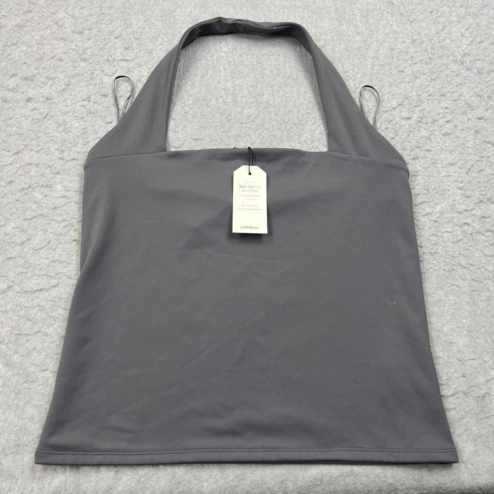 NEW Express Top Womens Large Gray Body Contour Square Neck Halter Drape Back NWT